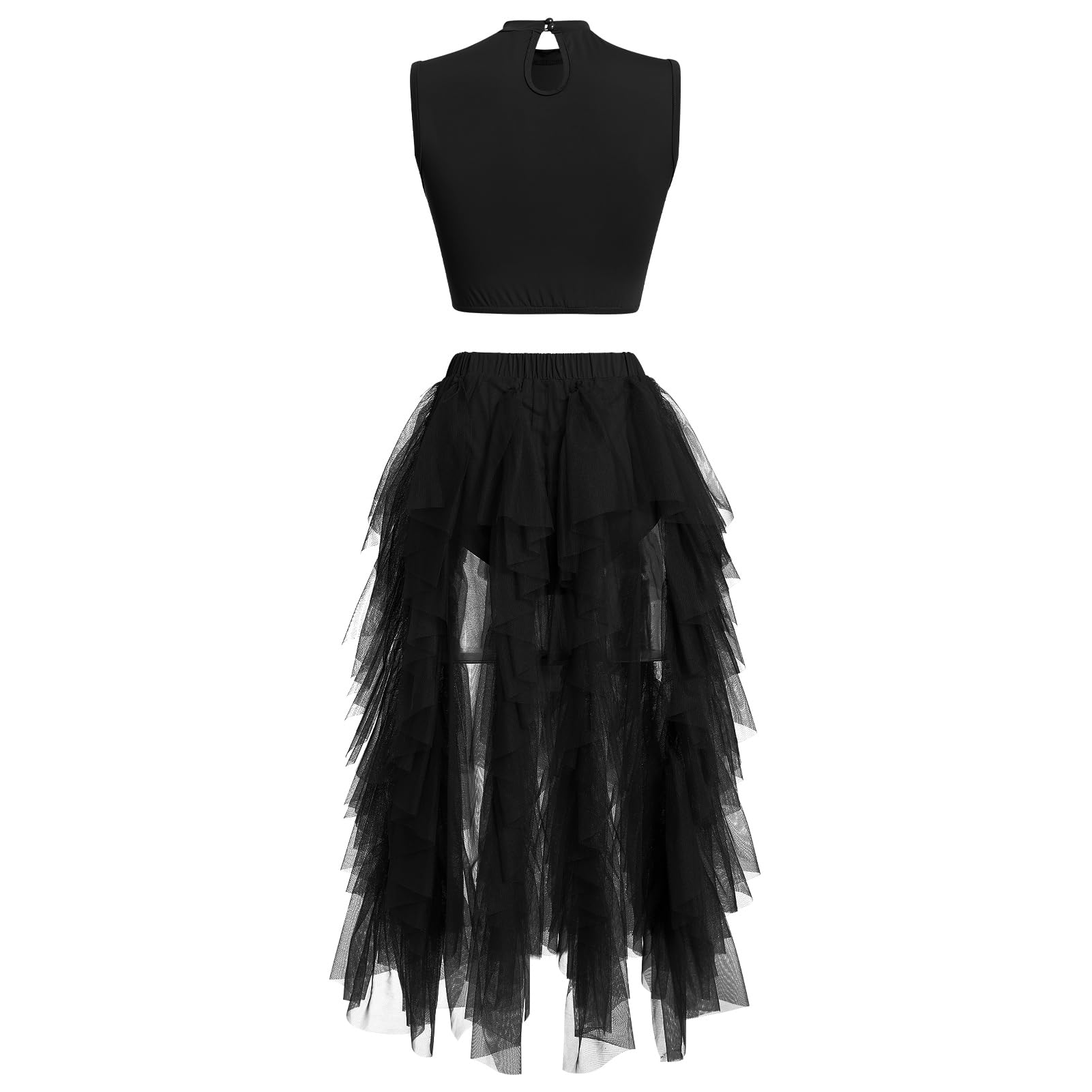 AFAVOM Lyrical Dance Costume for Women Contemporary Dancing Dress Up Sleeveless Crop Top with Asymmetrical Leotard Skirt Elegant Dancewear Irregular Ruffle Flowy Tulle Skirt Two Piece Outfit Black XL