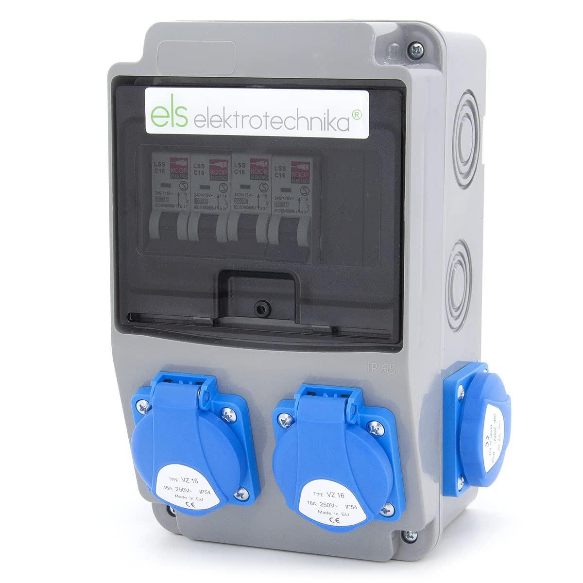 ELS Elektrotechnika - Distribuidor de enchufes para construcción, de pared, 4 Schuko, 230 V, 4 disyuntores C16, listo para conectar, cableado, para interior y exterior, talleres y fábricas, IP54