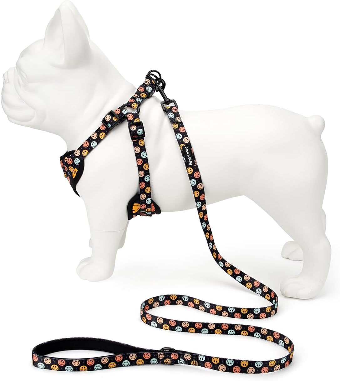Jack & Bully Dog Harness, No Pull Vest Step-in Adjustable Neoprene Soft with Breathable Mesh, All Weather, French Bulldog, Smiley Face (Large)