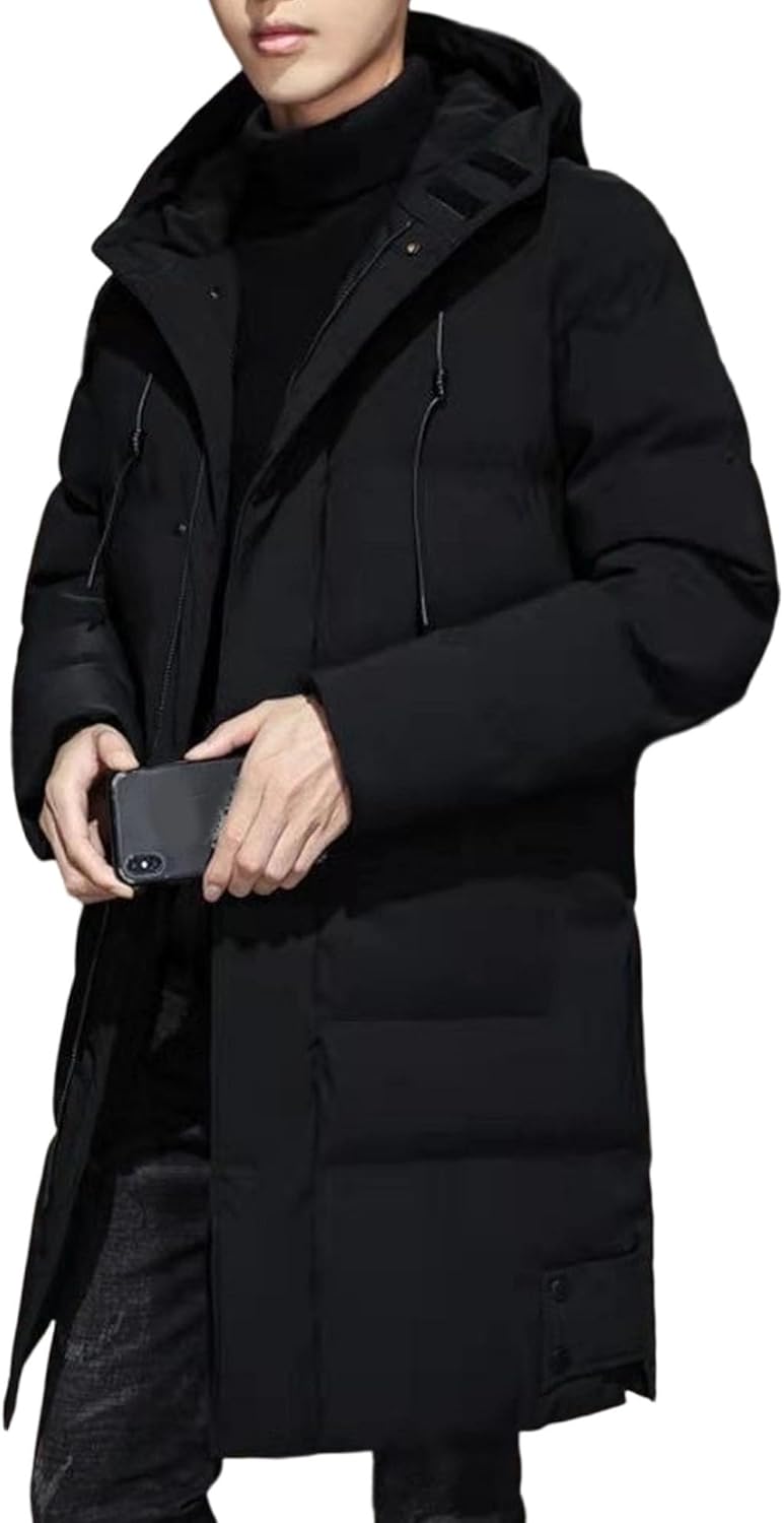 Men Winter Warm Solid Puffer Jacket Classic Decent Hooded Down Outerwear Mid Long Casual Zipper Down Overcoat