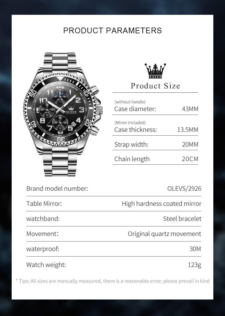 OLEVS Reloj de Pulsera para Hombre, cronógrafo, de Lujo, Fase Lunar, de Acero Inoxidable, Resistente al Agua, Luminoso, Calendario de Negocios, Reloj de Pulsera