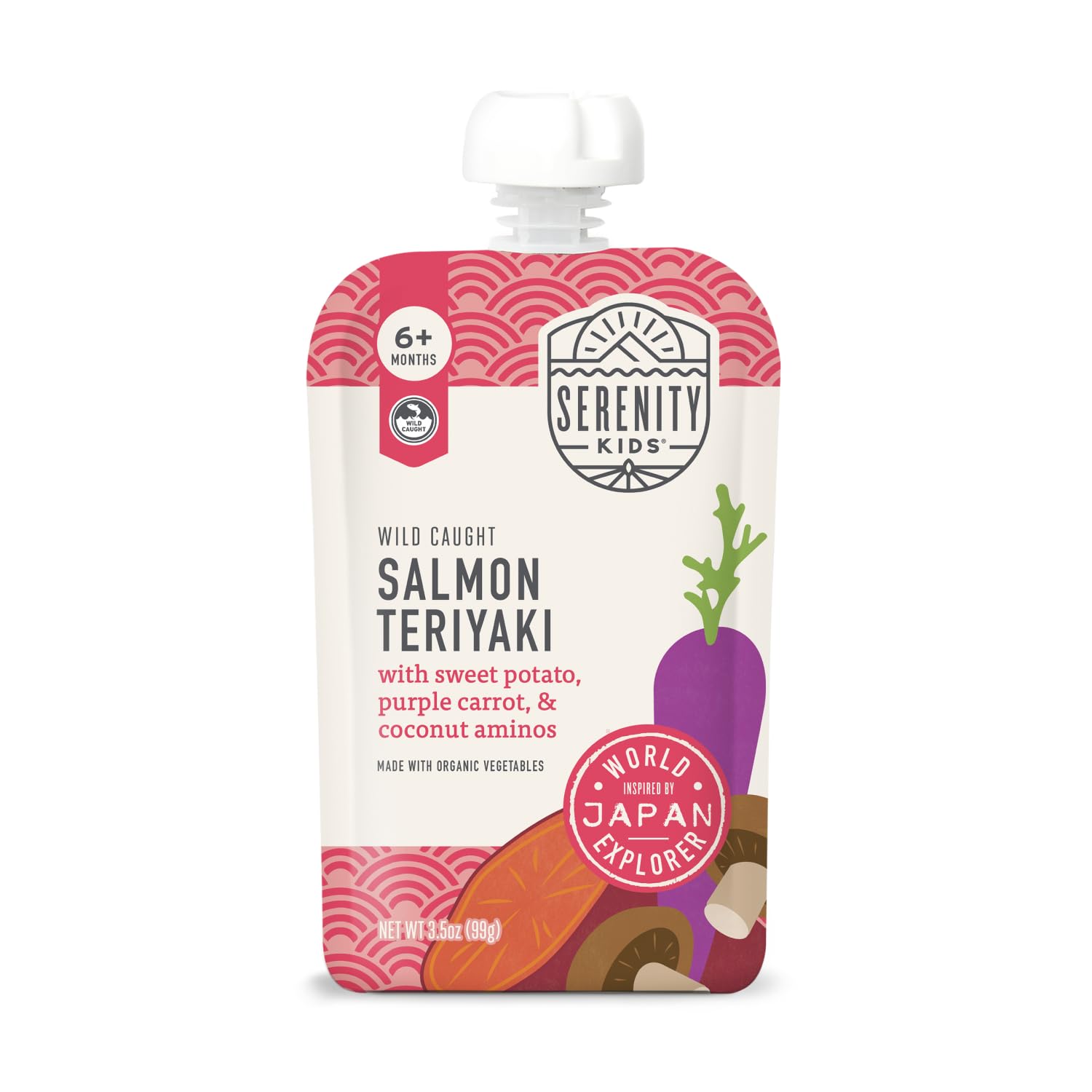 Serenity Kids 6+ Months World Explorers Baby Food Puree with Ethically Sourced Meats & Organic Veggies - Salmon Teriyaki - 3.5 Ounce BPA-Free Pouch, 6 Count