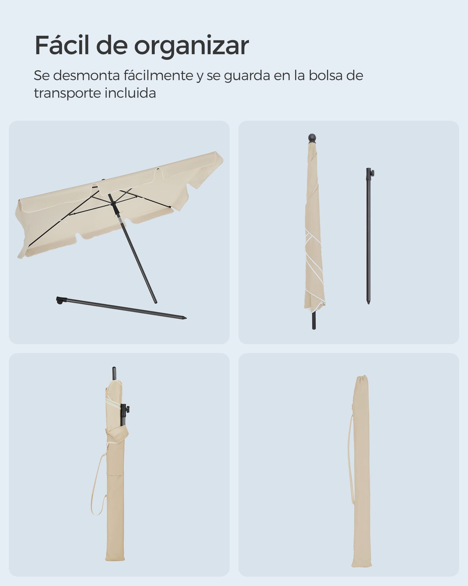 SONGMICS Sombrilla de Terraza 180 x 125 cm, UPF 50+, Inclinación Bidireccional de 30°, Altura Ajustable, con Bolsa de Transporte, para Balcón Jardín, sin Base, Beige GPU180M01