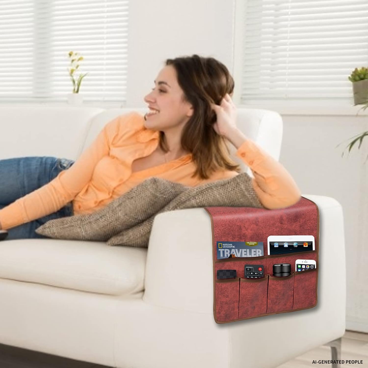 HAOMAIJIA Organizador antideslizante para reposabrazos de sofá, sillón, mesita de noche, organizador de almacenamiento para sofá reclinable con 6 bolsillos para teléfono celular, TV, control remoto,