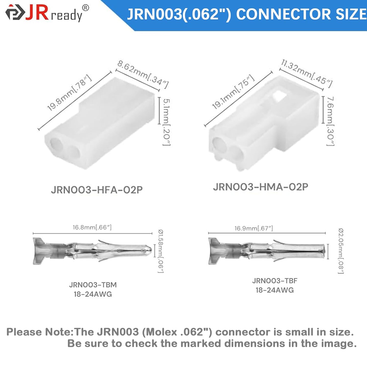 JRready ST6406 6Pairs Molex 2 Pin Connectors 062" 2 Circuits Connector Housing 3.68mm Pitch Crimp Terminals 18-24AWG Standard Molex 03061023 03062023 Connectors + ST6478 093" 062" Pin Connector Kit