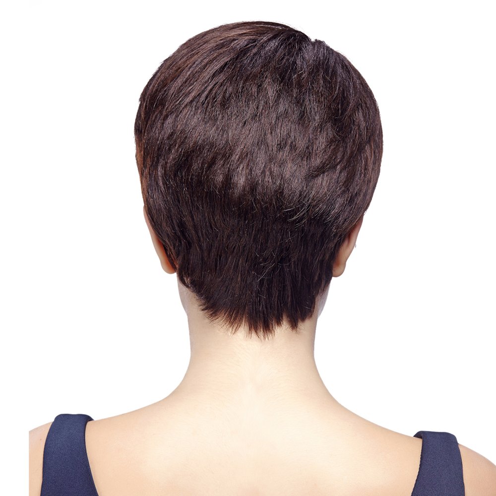 Short 100% Human Hair Pixie Cut Dark Brown Wig Adjustable Strap NIB Wig Shop Short Wigs Layered Pixie Cut Human Hair with Bangs Brown Bob  main image 2