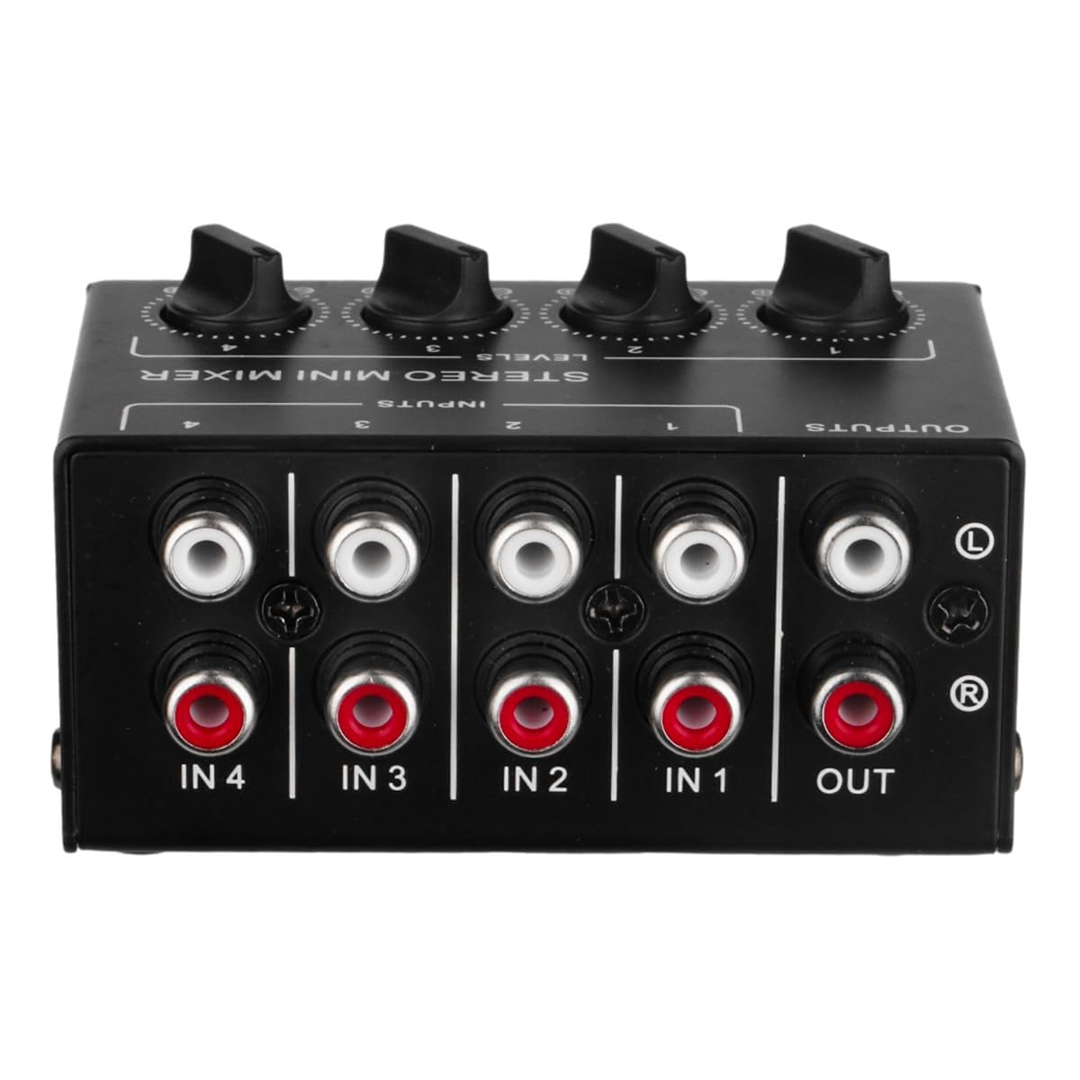 Mezclador de Audio estéreo de 4 Canales Compatible con Entrada y Salida RCA Mini Mezclador estéreo pasivo con Controles de Volumen Separados