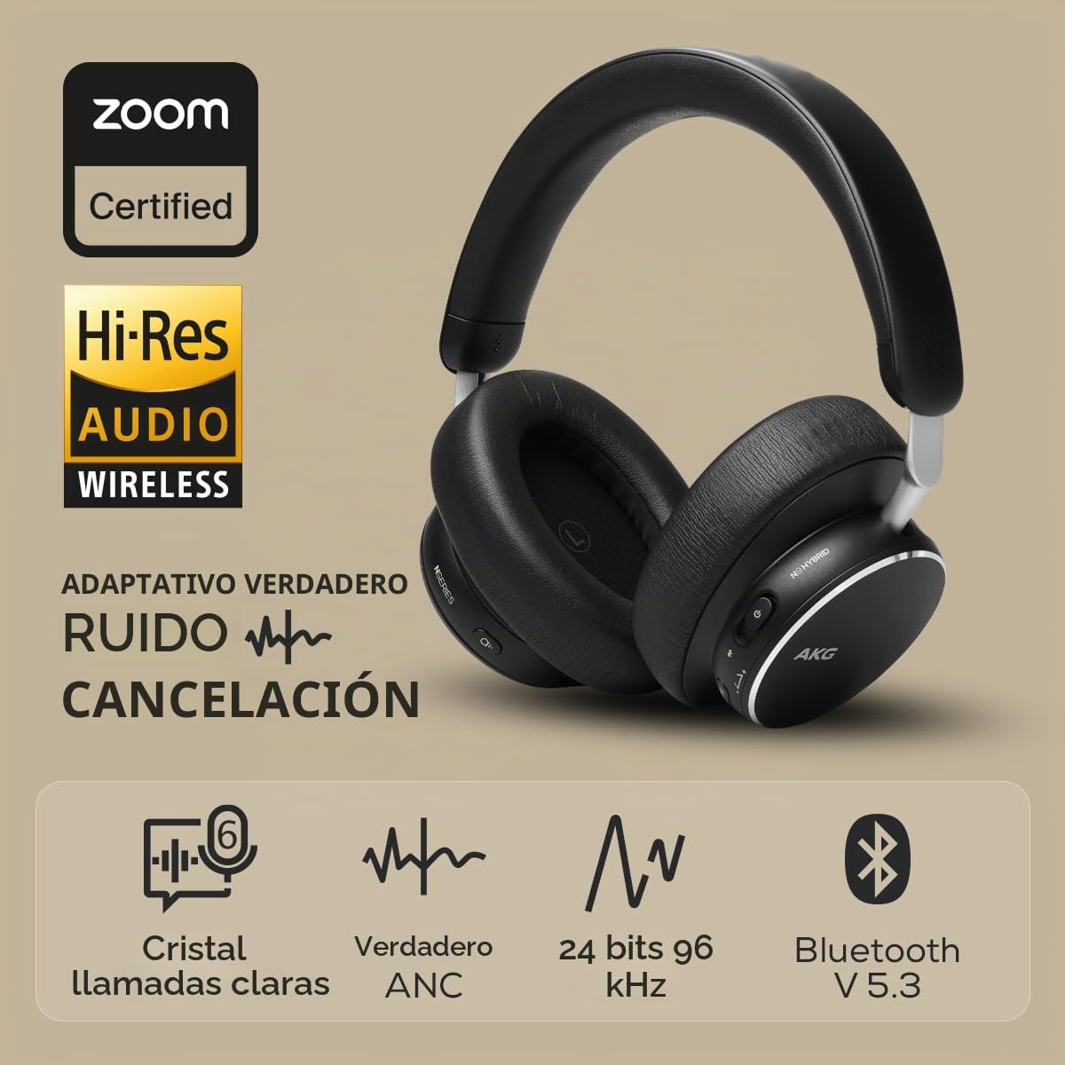 AKG N9 Hybrid Over-Ear Auriculares – Sonido Inalámbrico Cristalino, Cancelación de Ruido Adaptativa, Calidad de Llamadas Certificada por Zoom, 100h de Batería, Bluetooth, USB-C, Negro