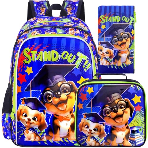 gxtvo 3PCS Boys Dog Backpack, 16" Kids Bookbag with Lunch Box, Water Resistant Elementary Preschool Toddler School Bag - Blue Dr.2dog