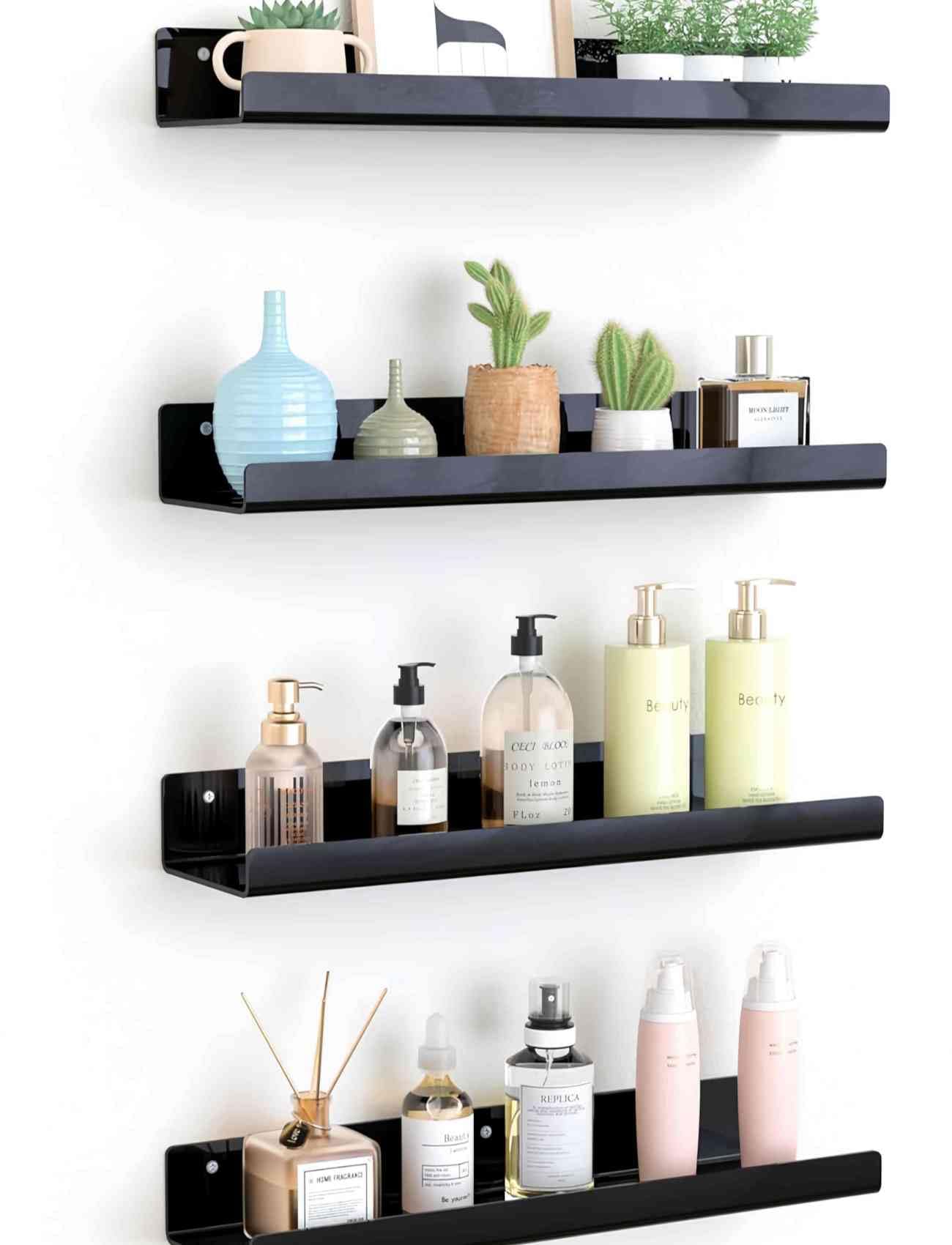 SaryEdge 4 Pack Floating Acrylic Shelves - Clear Wall Decor for Books, Perfume & Bathroom nization, Sturdy Space-Saving Display Shelves for Bedroom & Living Ro,Black