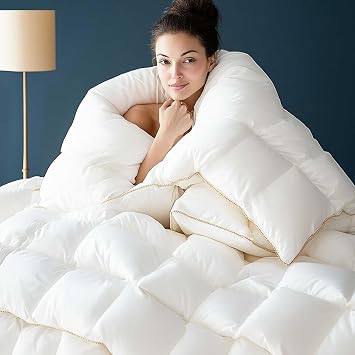 WhatsBedding Puffy White Duck Feather Comforter Twin Size, All Season Duvet Insert Feather Downfiber Filled, 100% Cotton Luxury Hotel Collection, 4 Corner Loops, Gold Piping, 90x68 in