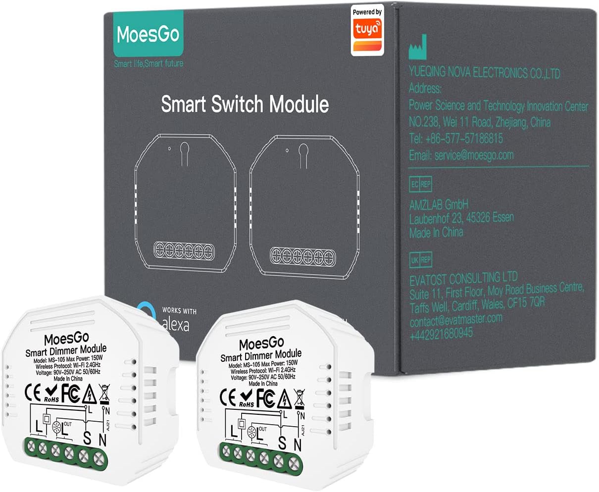 MoesGo WiFi Smart Alexa Dimmer Light Switch, Wireless Switch LED Relay Module Compatible with Smart Life Tuya App Control Amazon Alexa and Google Home, Netural Wire Required, 1 Gang 1/2 Way, 2 Pack