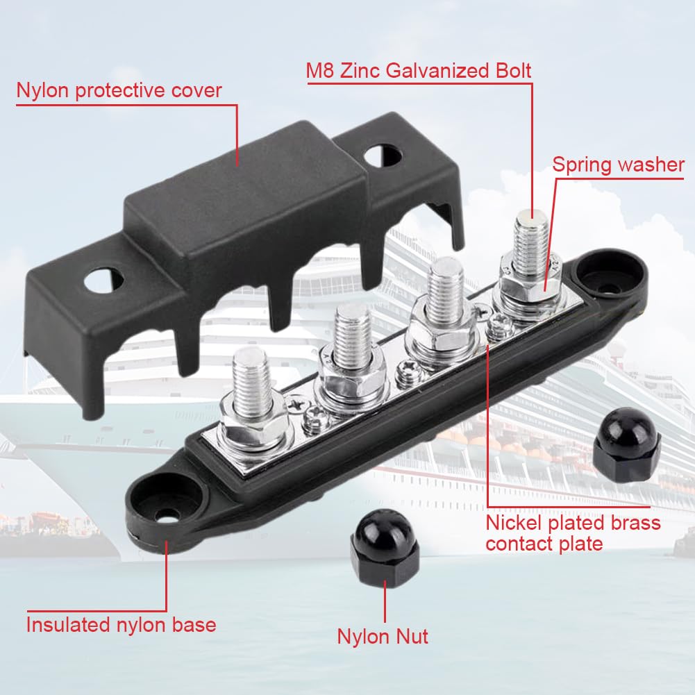 2 Stück 12V-48V DC Sammelschienen Verteilerblock mit 4 x M8 Klemmenbolzen, 250A BusBar Box für Auto Marine Auto Anhänger Wohnmobil Boot (Schwarz Rot)