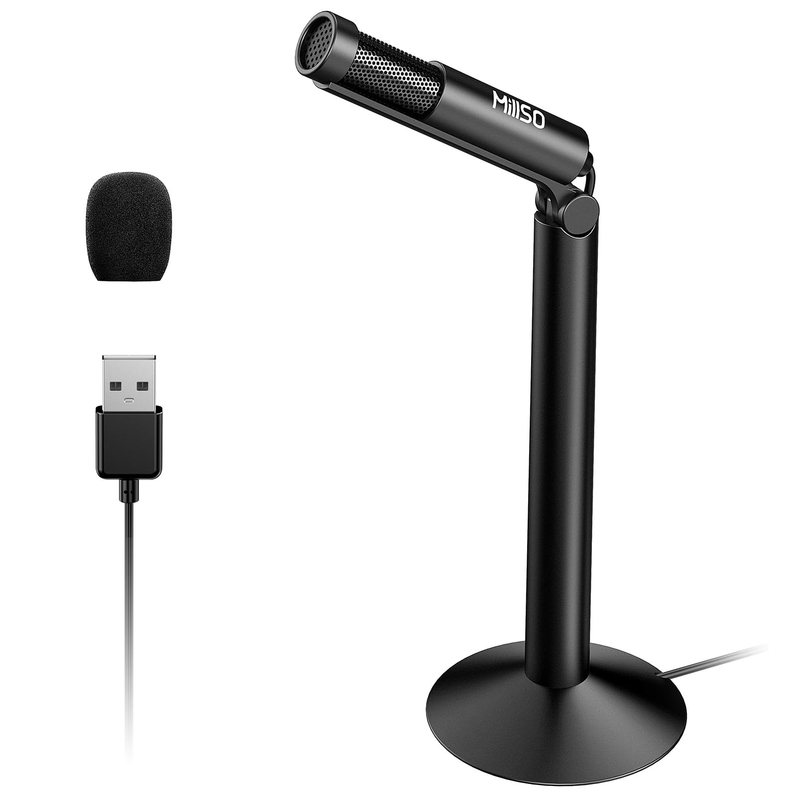 millso usb pc microphone with adjustable stand plug & play omnidirectional external mini usb microphone for computer, laptop, youtube, meeting, recording, podcasting, gaming - 1.2m/4ft