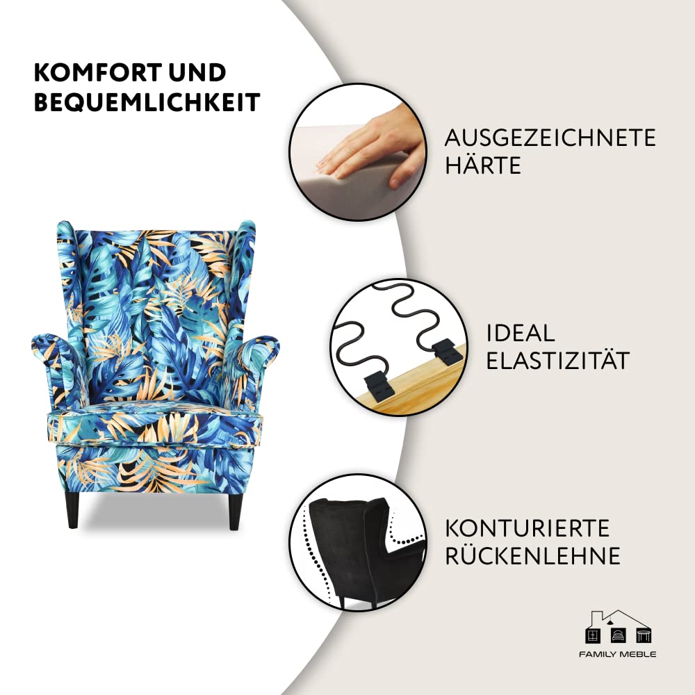 Fotel Uszak z Podnóżkiem, Model Print, Skandynawski, Relaksacyjny Wykonany z Tkaniny Tkanej, Wypoczynkowy, Uszak z Podnóżkiem, Wygodny, Do Salonu, Jadalni, Sypialn