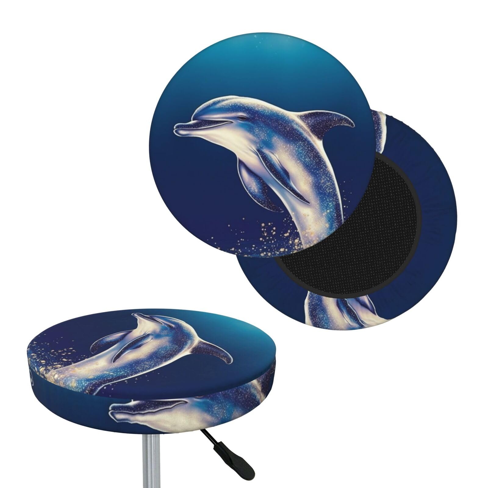 FodPand Glitter Dolphin Bar Stool Cover Round Elastic Stool Cushion Covers Washable Bar Stool Chair Slipcover Stretch Stool Seat Covers for 12-14 Inch Chair