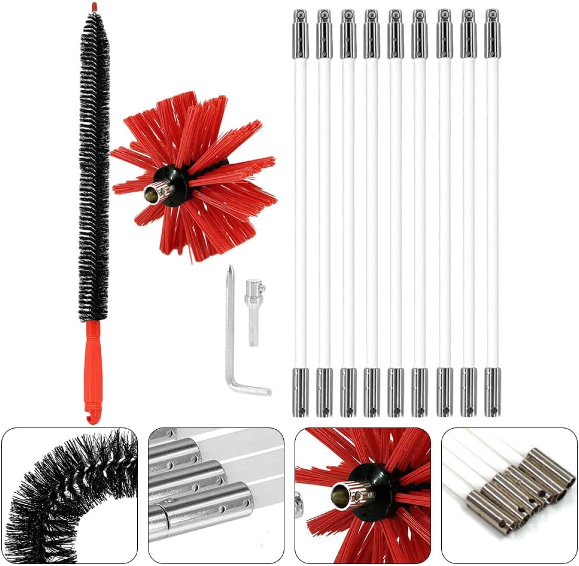 Chimney Brush Dryer Vent Cleaning Tool Set 9 Extendable Rods with Red Brush Head Lint Remover for Indoor Dryer Vent and Fireplace Pipe Maintenance