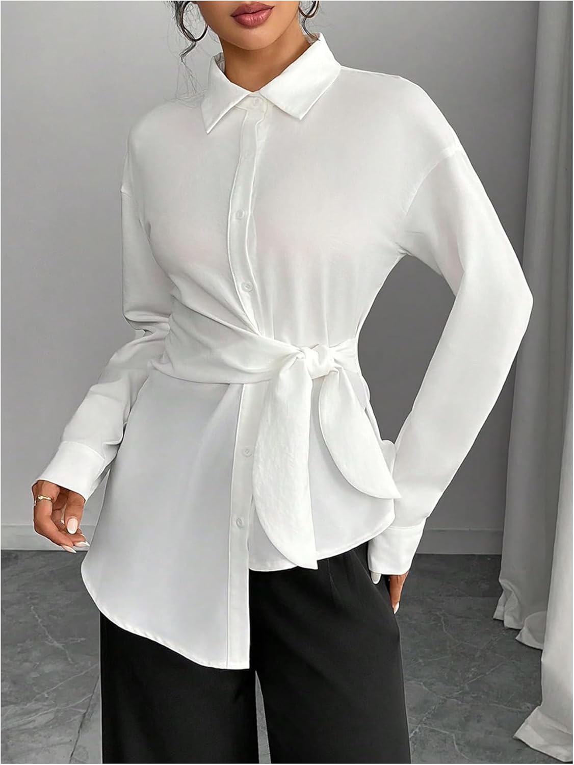 MakeMeChic Women's Long Sleeve Button Down Shirt Tie Side Dressy Business Blouse Tops - Image 2