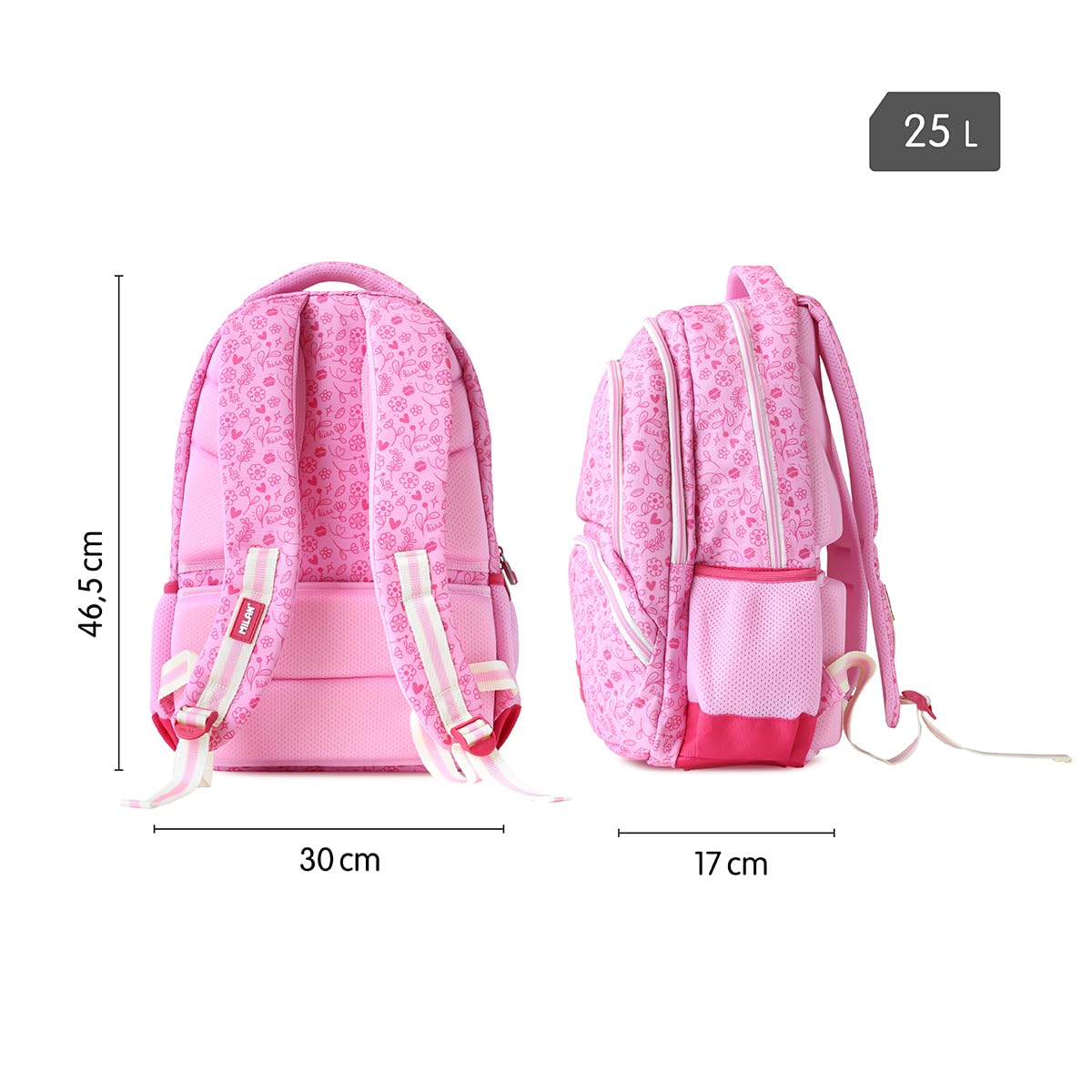 Milan® Mochila Escolar 4 Cremalleras (25 L) Serie Especial Pink Flowers
