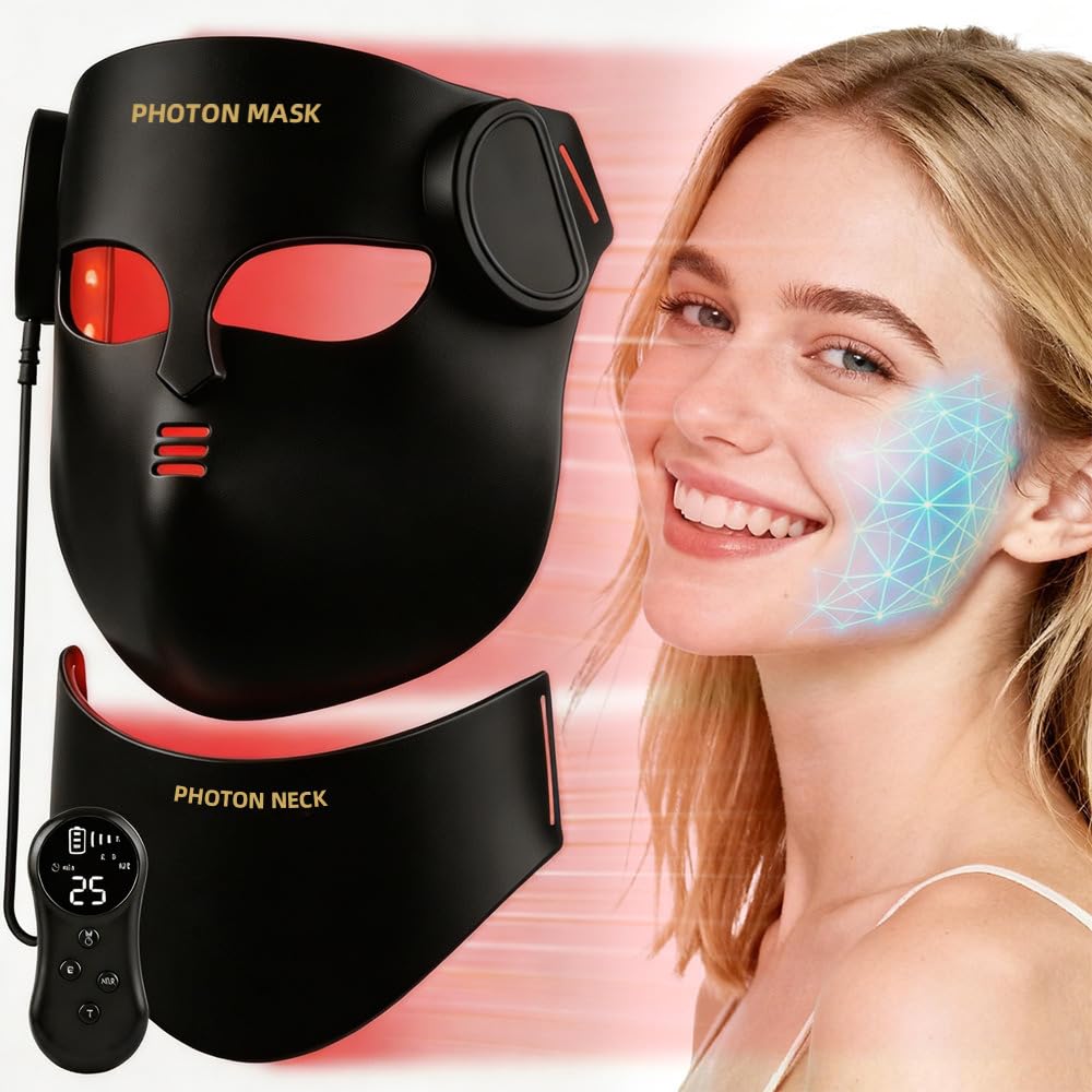 Elitzia LED-Lichttherapie-Maske Gesicht & Hals Infrarot Therapie Maske | 400 LED-Perlen, 8 Farben Licht, 3 Energiestufen, einstellbare Zeit, langer Akku, leicht, Hellt matte Haut auf Schwarz
