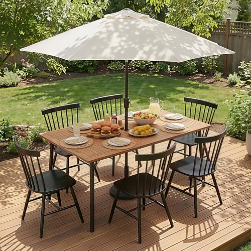 Flamaker Acacia Wood Patio Outdoor Dining Table for 6, Outdoor Table with Umbrella Hole and Metal Legs for Garden, 63’’L x 36’’ W x 30’’ H