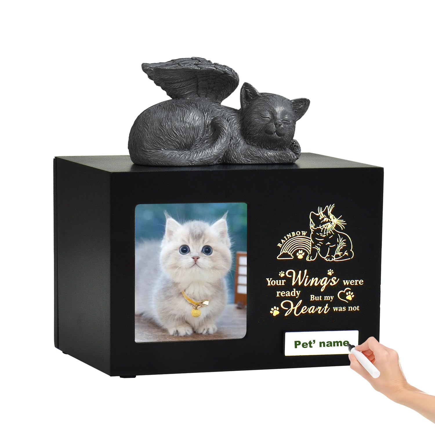 Urne per gatti personalizzate di woodurn in legno nero con foto, scatola per ceneri di animali domestici con capacità di 175 pollici cubi