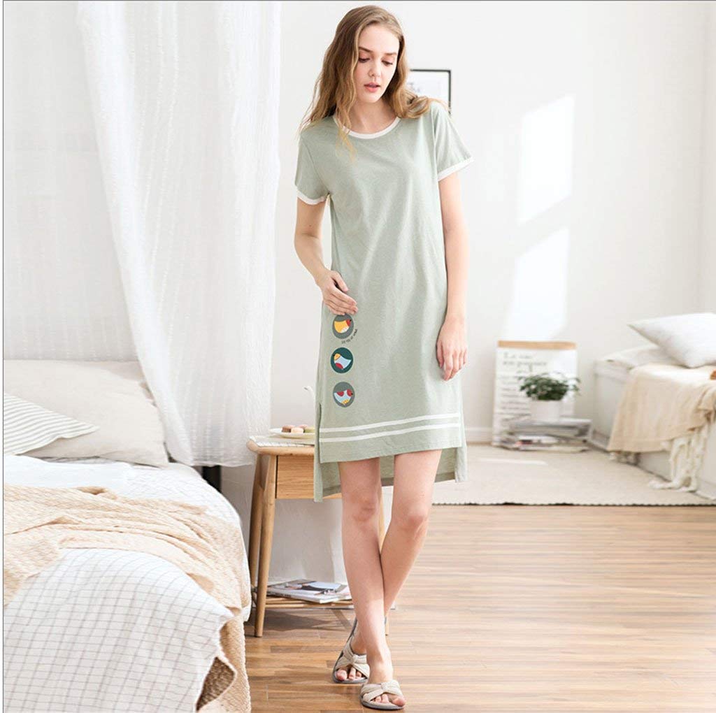 Sukienka nocna damska elegancka moda przytulna miękka koszula ubrania sukienki letnie z nadrukiem koszula nocna z krótkim rękawem okrągły dekolt otwarty widelec sukienka do spania piżama, ZIELONY, M