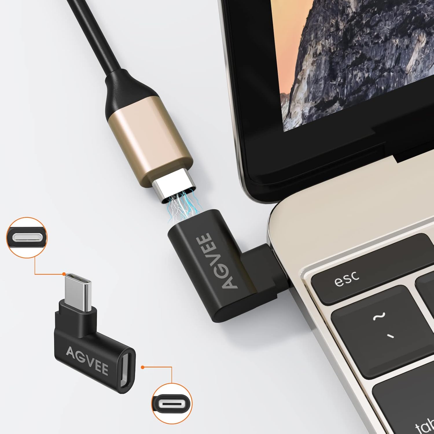 AGVEE 4 Pack Side Angle 90 Degree USB-C Male to USB-C Right Angled Female Adapter (Type-C 3.2 Gen 2) Converter Video Type-C 10G Data Extension Coupler Converter Connector, Black