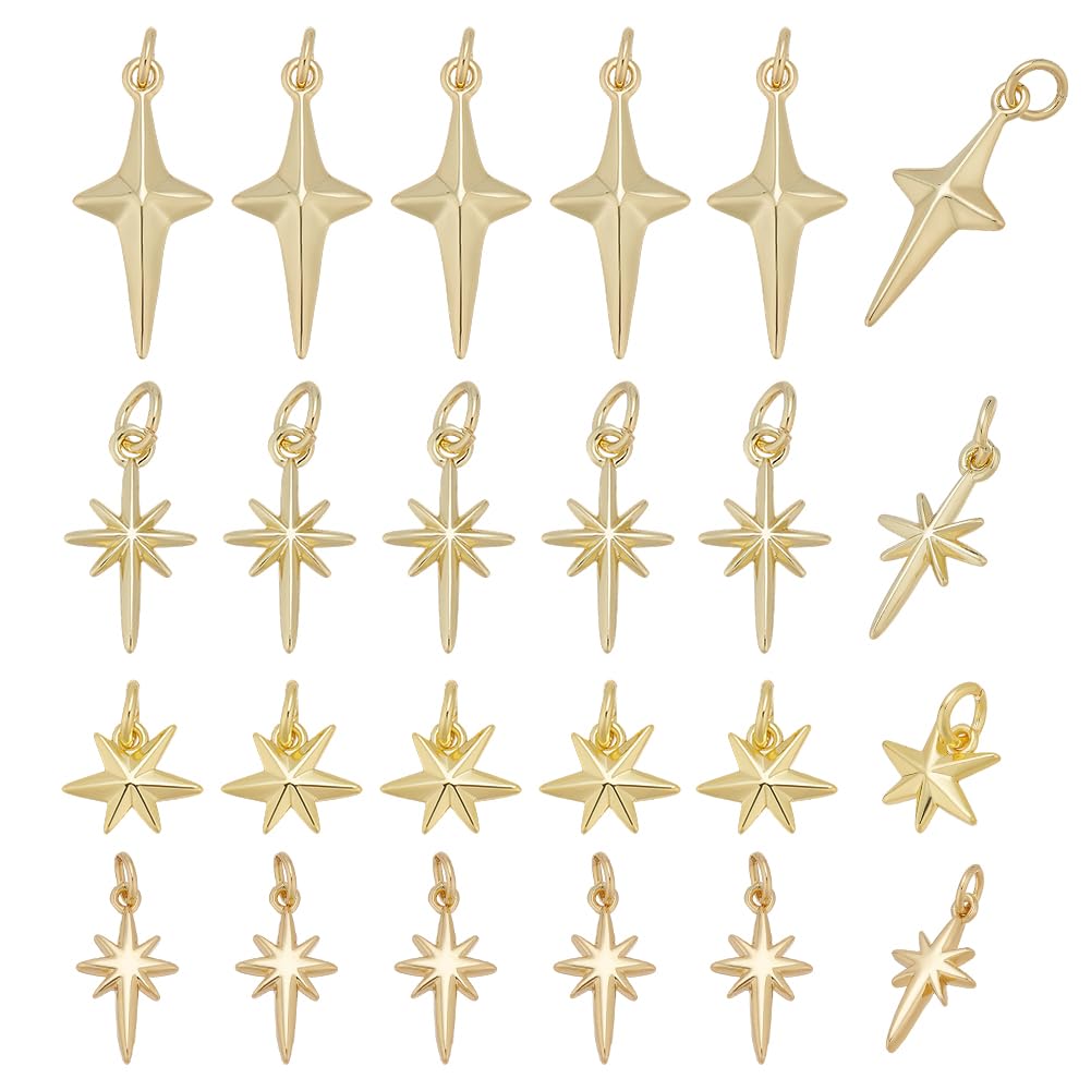 24 colgantes de estrella de latón chapado en oro de 18 quilates, diseño de estrella del norte, 4 estilos, con anillo curvado para la fabricación de joyas, manualidades