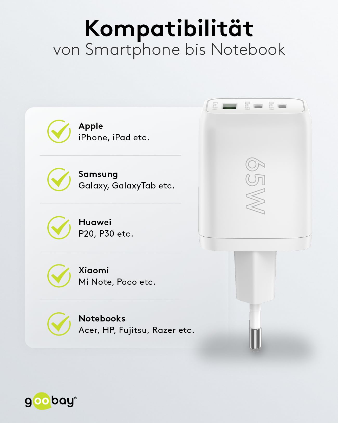 Goobay 64754 Chargeur Rapide multiport USB-C PD Nano (65 W) / 2 x USB-C PD 1 x USB-A Quick Charge/Adaptateur Secteur pour câbles de Charge iPhone et Autres téléphones Mobiles/Blanc