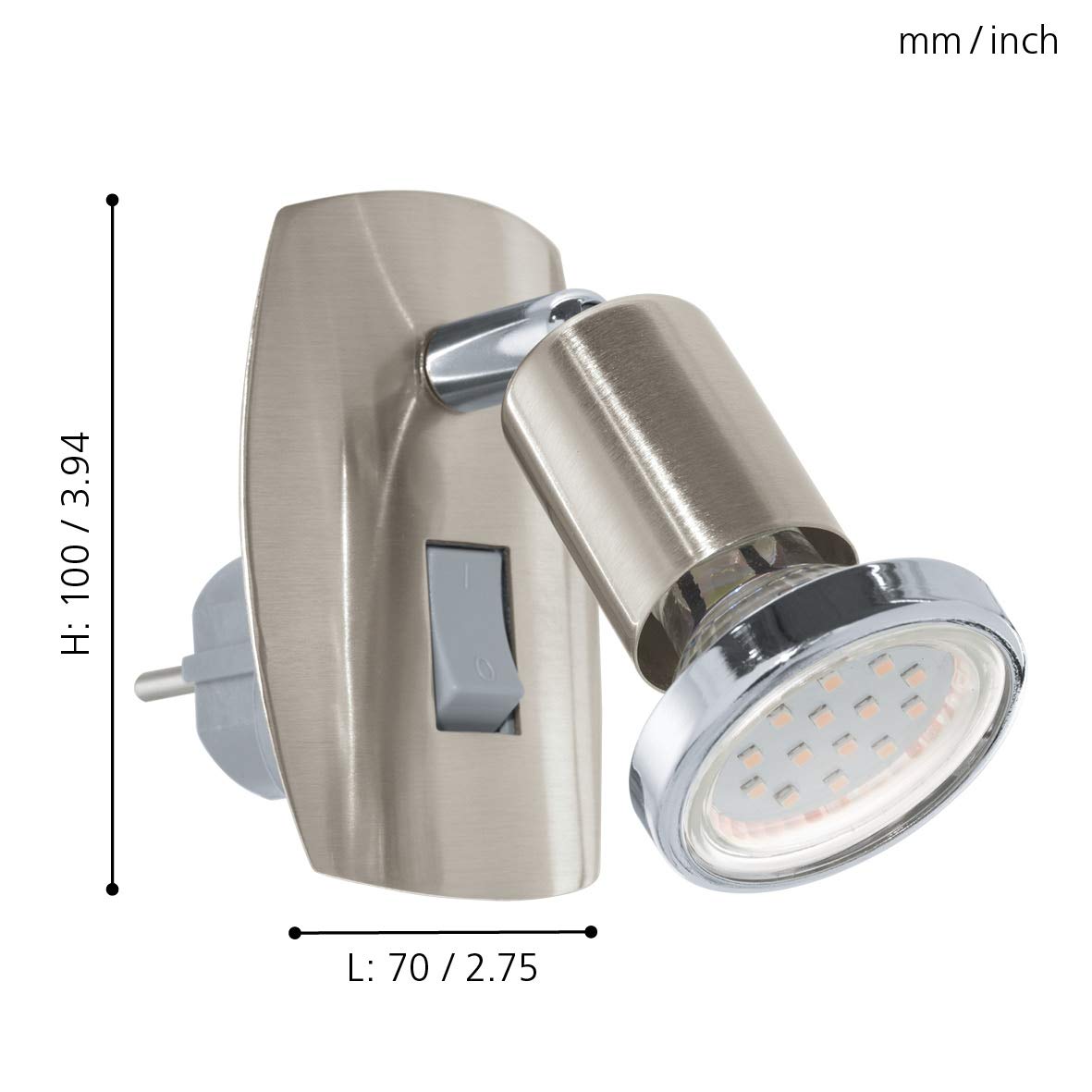 EGLO Gniazdo punktowe Mini, 1-punktowa lampa wtykowa, lampa wtykowa ze stali, kolor: nikiel matowy, chrom, oprawa: GU10, w zestawie przełącznik, przezroczysty