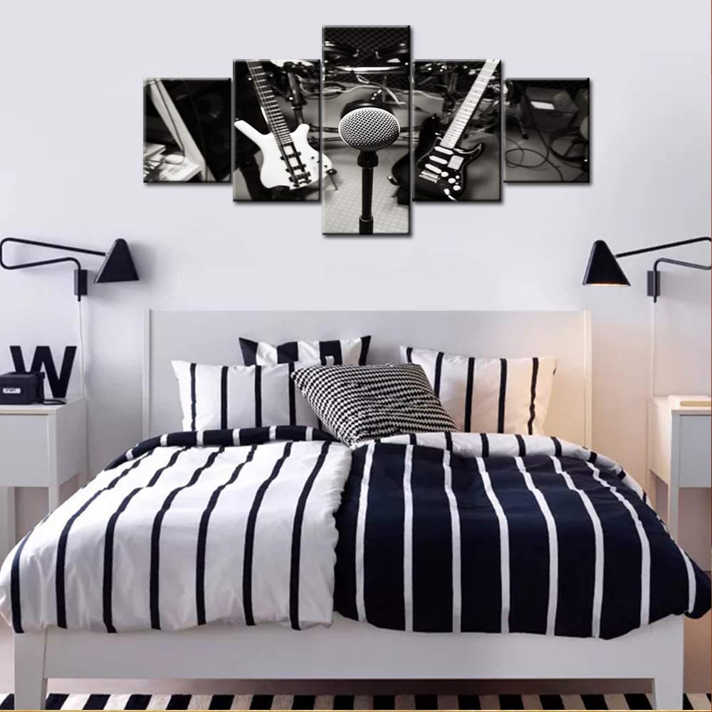 Stampa artistica da parete in bianco e nero con DJ Music Studio Rock Band Stampe su tela Decalcomanie decorative per soggiorno camera da letto immagini moderne di natura morta 5 pannelli poster HD