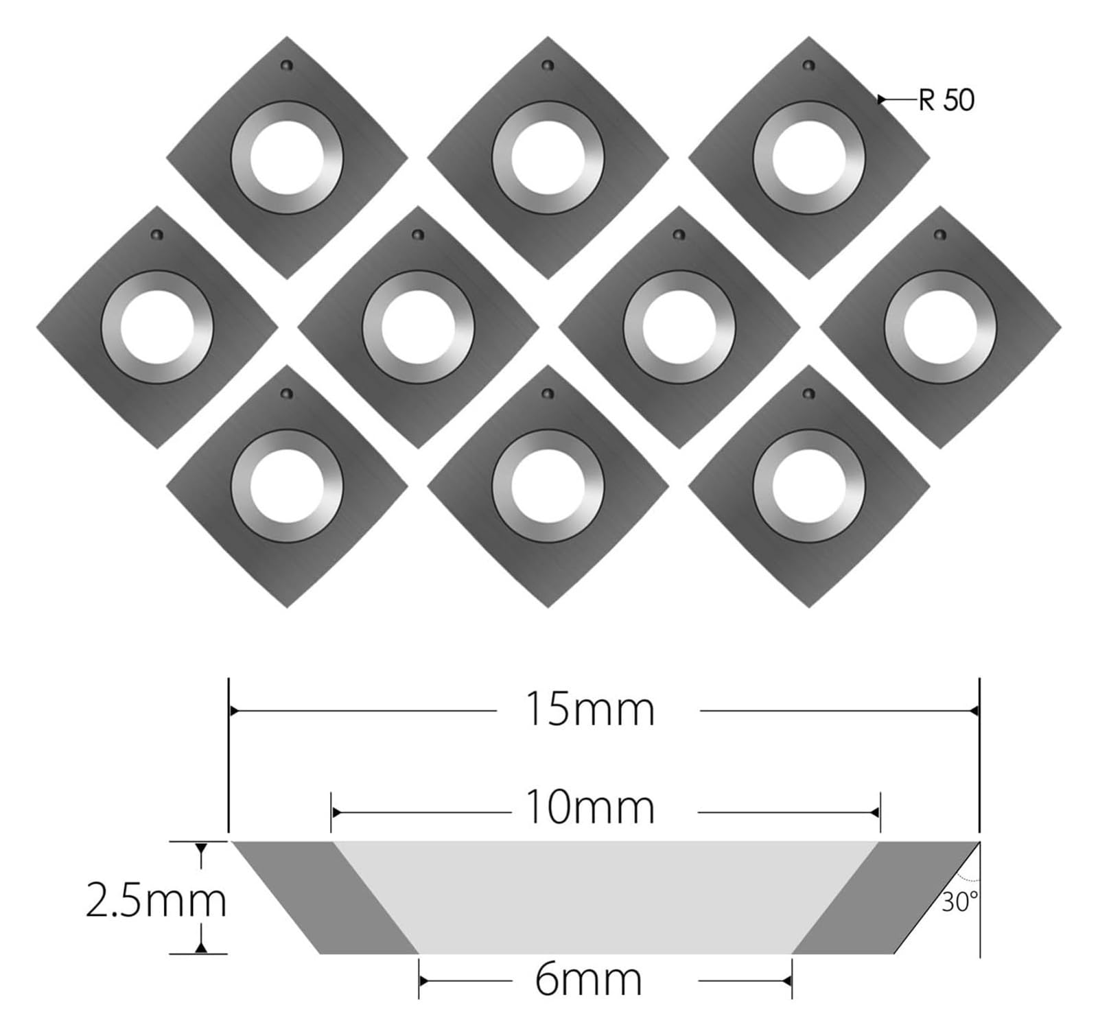 Narzędzia skrawające – płytki do strugów Wkładki kwadratowe z węglika wolframu 15x15x2,5 mm R50 do tokarki spiralnej helikalnej 10 szt.