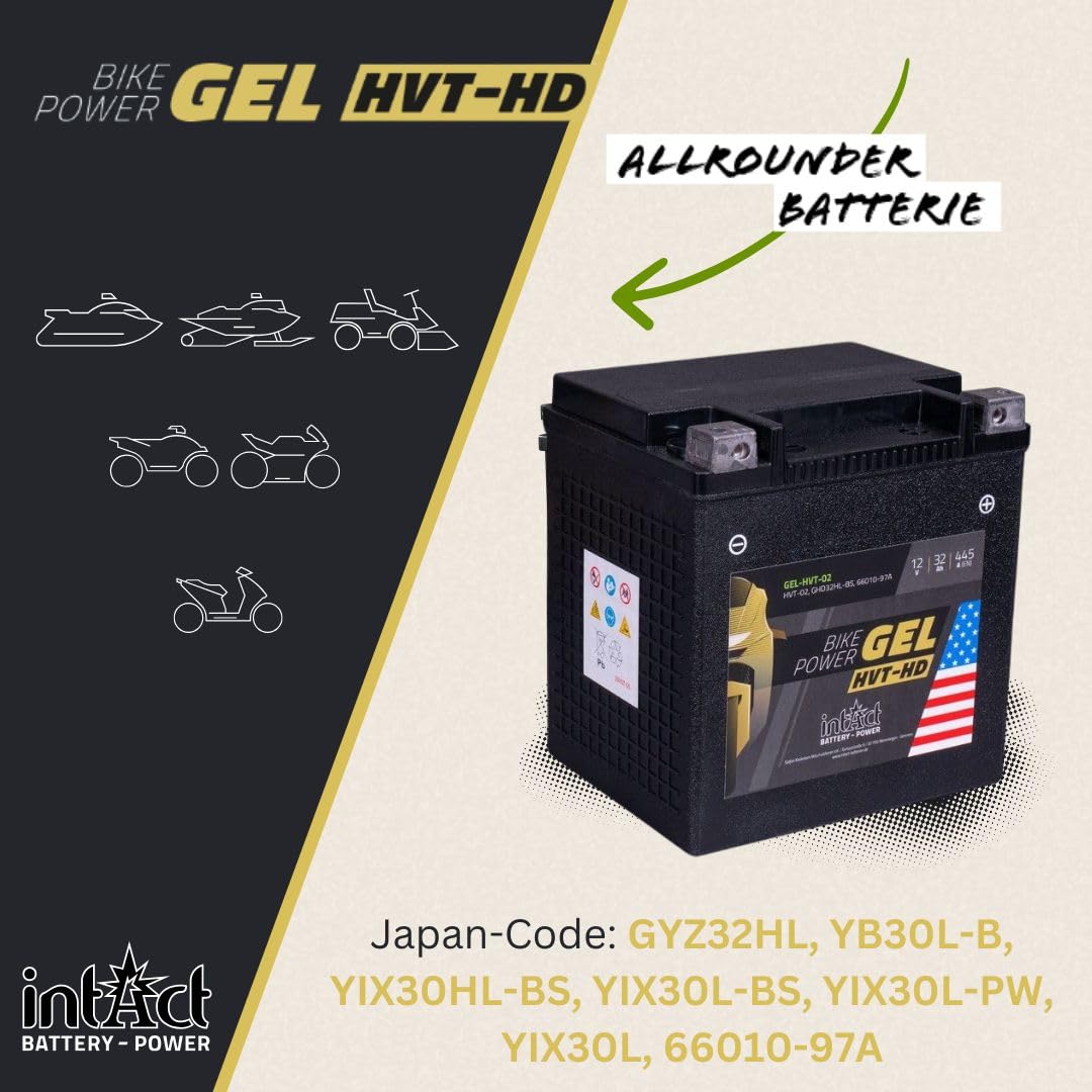 intAct - Gel HVT-02 MOTORRADBATTERIE - Motorrad Batterie Perfekt für Harley Davidson & andere hubraumstarke 2-Zylinder. Bike-Power GEL-HVT-02, GYZ32HL, 12V Batterie, 32 AH, 445 A. 169x131x174mm