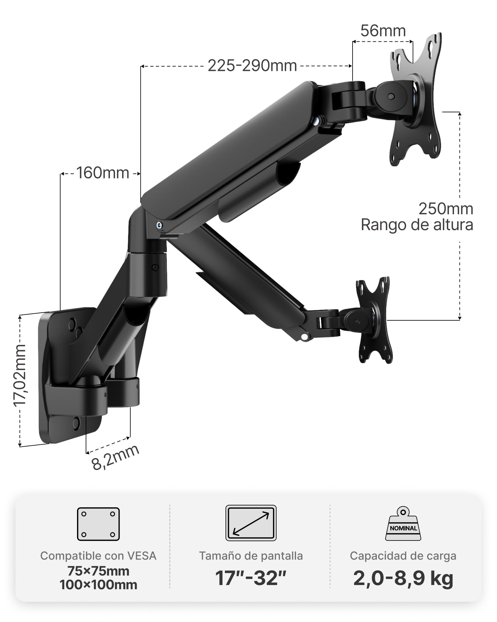 monTEK Soporte de pared para 2 monitores de 17 a 32 pulgadas hasta 9 kg | Giratorio, inclinable y giratorio, altura regulable, VESA 75 x 75/100 x 100