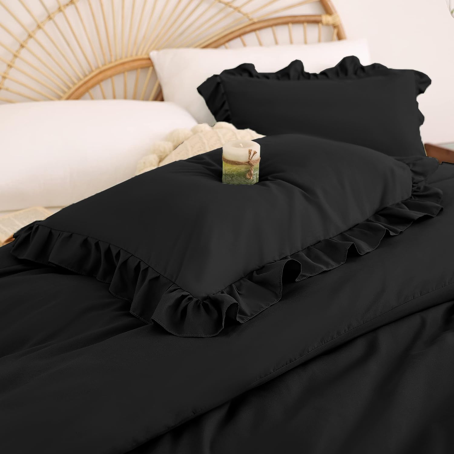 Rüschen Bettwäsche 135x200 4teilig Schwarz Uni Romantische Rüschenbettwäsche Set Einzelbett Weich Bettbezug Mikrofaser 2 Deckenbezug mit 2 Kissenbezug 80x80 cm Reißverschluss