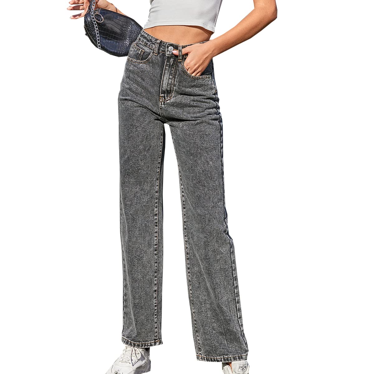 HBERWomens Patchwork Jeans High Waisted Straight Leg Stretch Denim Pants Girls Fashion Color Block Patch Jeans