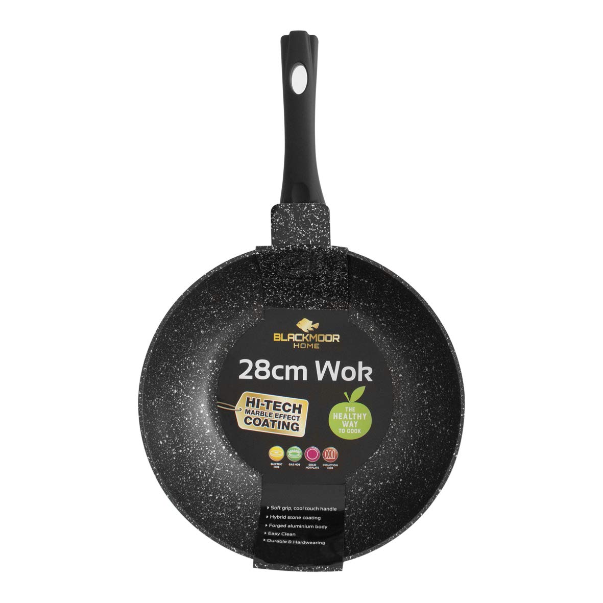 Blackmoor66160 Classic 28cm Non-Stick Induction Wok/Suitable for Induction, Electric and Gas Hobs/Black Marble Effect Colour
