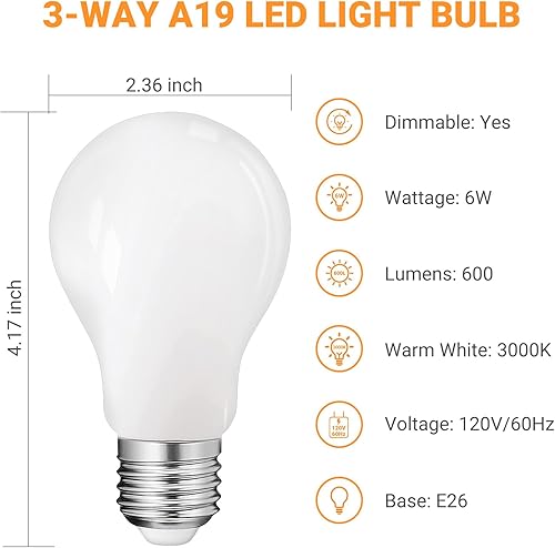 Miniatura 3 de Bombillas de 3 vías, bombillas LED A19 E26 de 6 W, 3000 K, blanco suave, equivalente a 53060 vatios, bombillas regulables de tres vías para lámparas