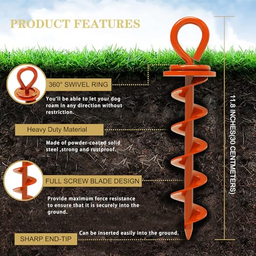 Image of Eurmax USA Heavy Duty Dog Tie Out Stake, No-Tangle In Ground Anchor Runner for Large Dogs up to 210 Lbs - Perfect for Yard, Beach and Camping (Medium,Orange)