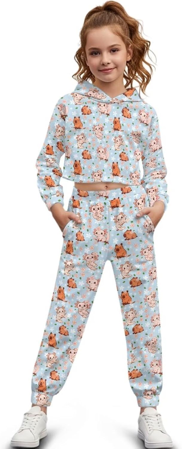 Girls Long Sleeve Sweatshirts and Sweatpants Kids 4-13Y Crop Top Hoodies and Pants Set