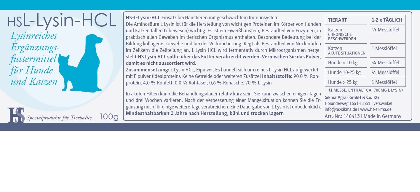L-Lysin HCL 100g - Ergänzungsfuttermittel für Hunde & Katzen - Einsatz bei Haustieren mit geschwächtem Immunsystem - ohne Zusatz von Getreide!