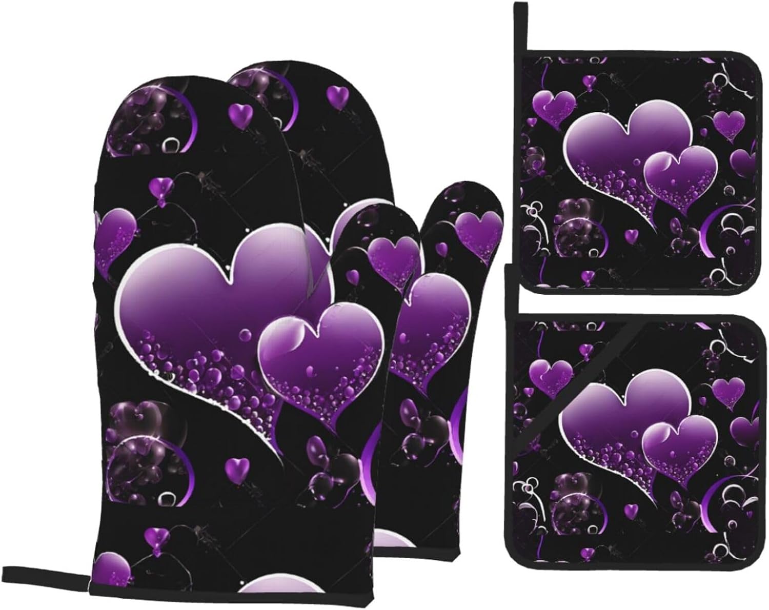(Fashional Purple Hearts) Baking 4-Piece Set: 2 Oven Mitts and 2 Pot Holders Heat Resistant Waterproof Hanging Loop for Kitchen Oven Grill Housewarming Gifts