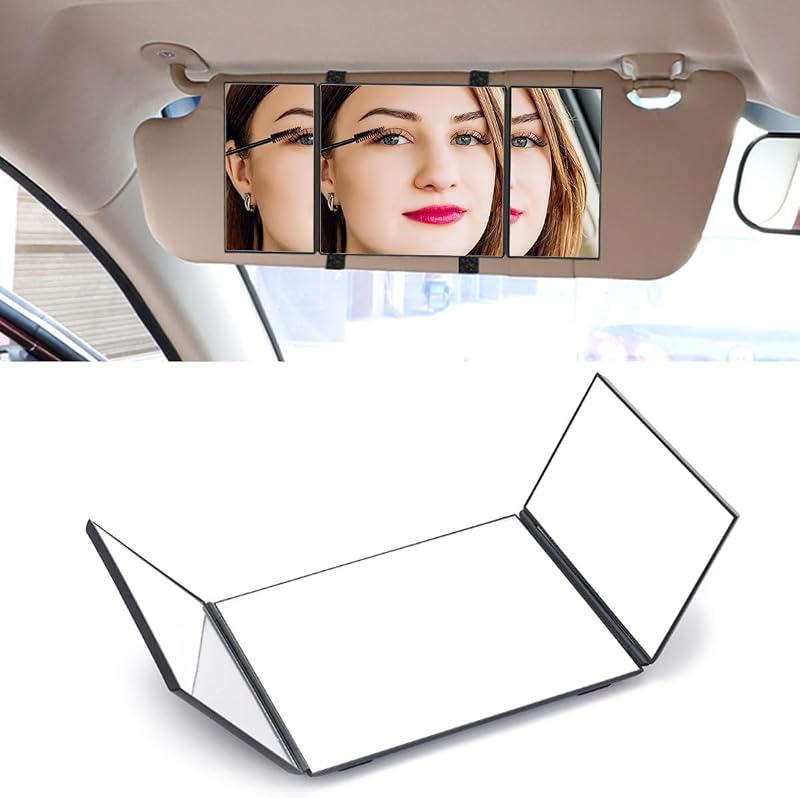 Espelho de maquiagem para para-sol automotivo LAINLOY dobrável triplo – Preto