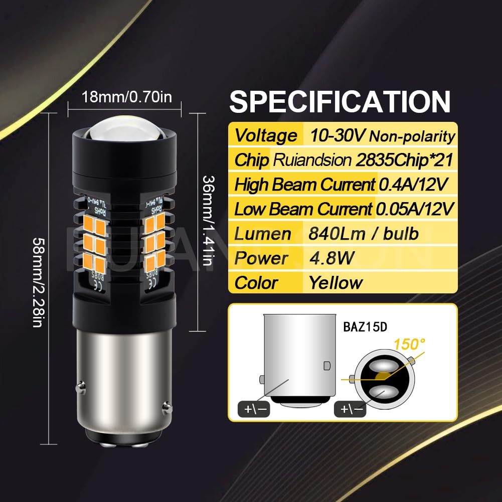 Ruiandsion Lot de 2 ampoules LED BAZ15D 12-24V 2835 21SMD super lumineuses rouges ampoule LED pour feux de recul et de marche arrière (jaune)