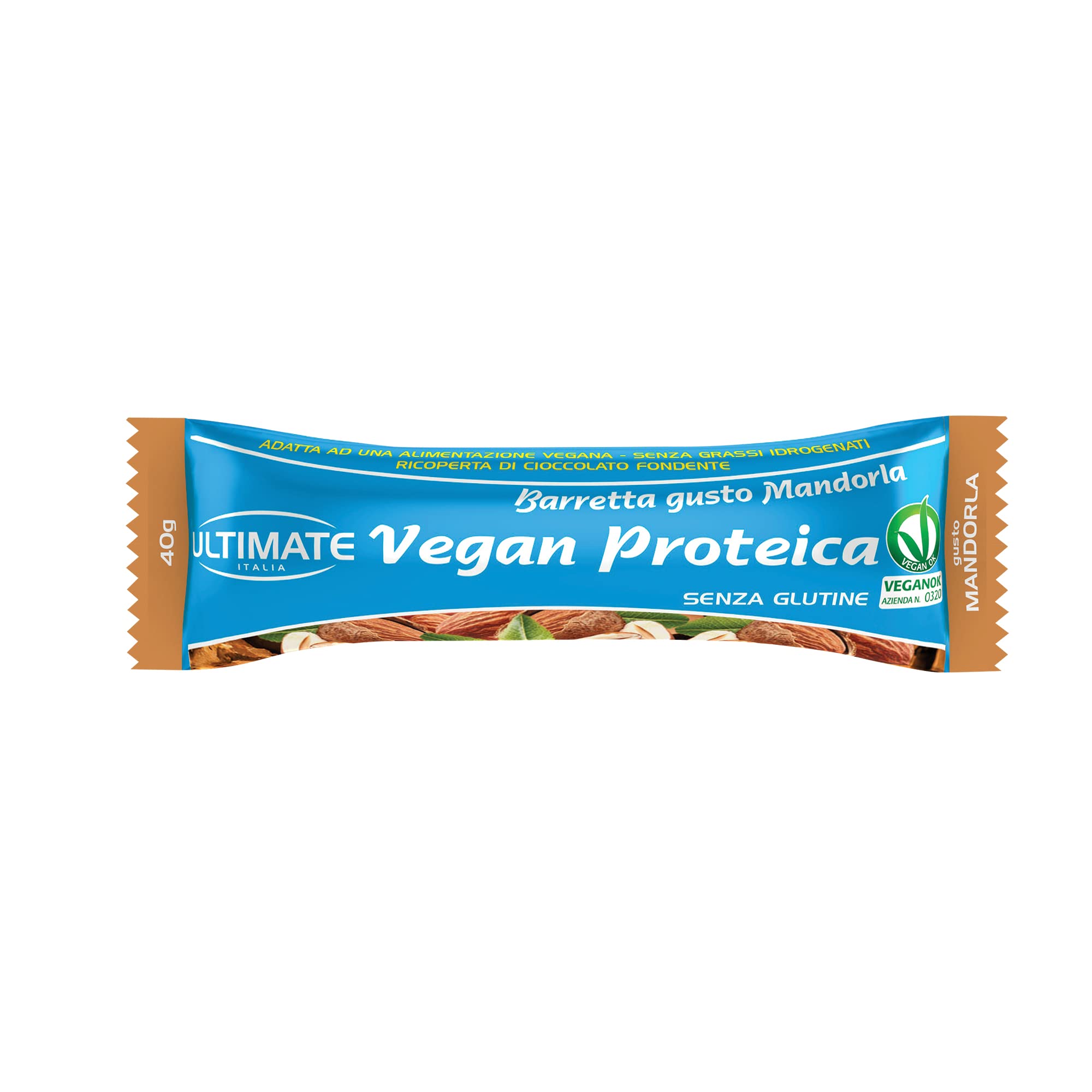 Ultimate Italia - Barretta vegan proteica al 27% - gusto mandorla - 24x40g - senza glutine, senza lattosio, 100% vegetale