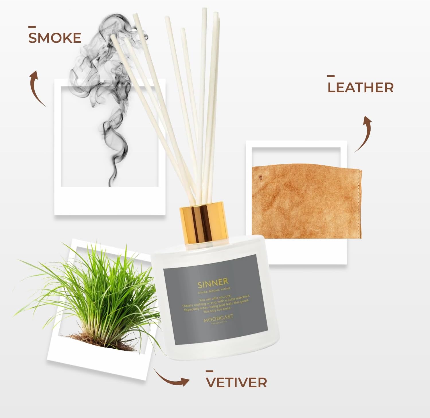 Moodcast Sinner Reed Diffuser - Luxury Scent Diffuser for Home, Fragrance for Bedroom & Bathroom - Smoke, Leather & Vetiver, 8 Reeds, Clean Ingredients - 3.4oz - Image 2