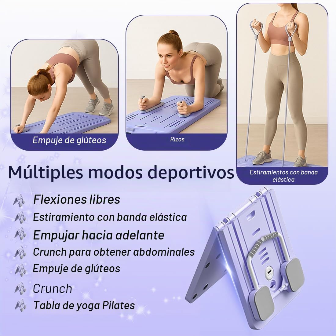 Tabla de Pilates multifuncional, tabla de pilates, tabla de abdominales, para fitness en casa y ejercicio completo, PP+TPE+EVA+hierro, con barra yoga, 2 bandas elásticas, asas push-up