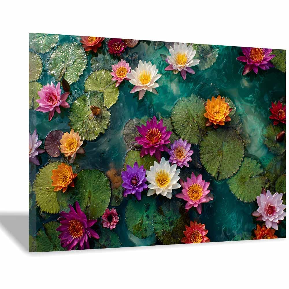 Xeniou Multicolor Flowers Wall Canvas Vibrantes Lotuses Pond Decor Canvas Wall Art, For Bathroom Living Room Bedroom Office Kitchen(Multicolor)-70X100cm Framed