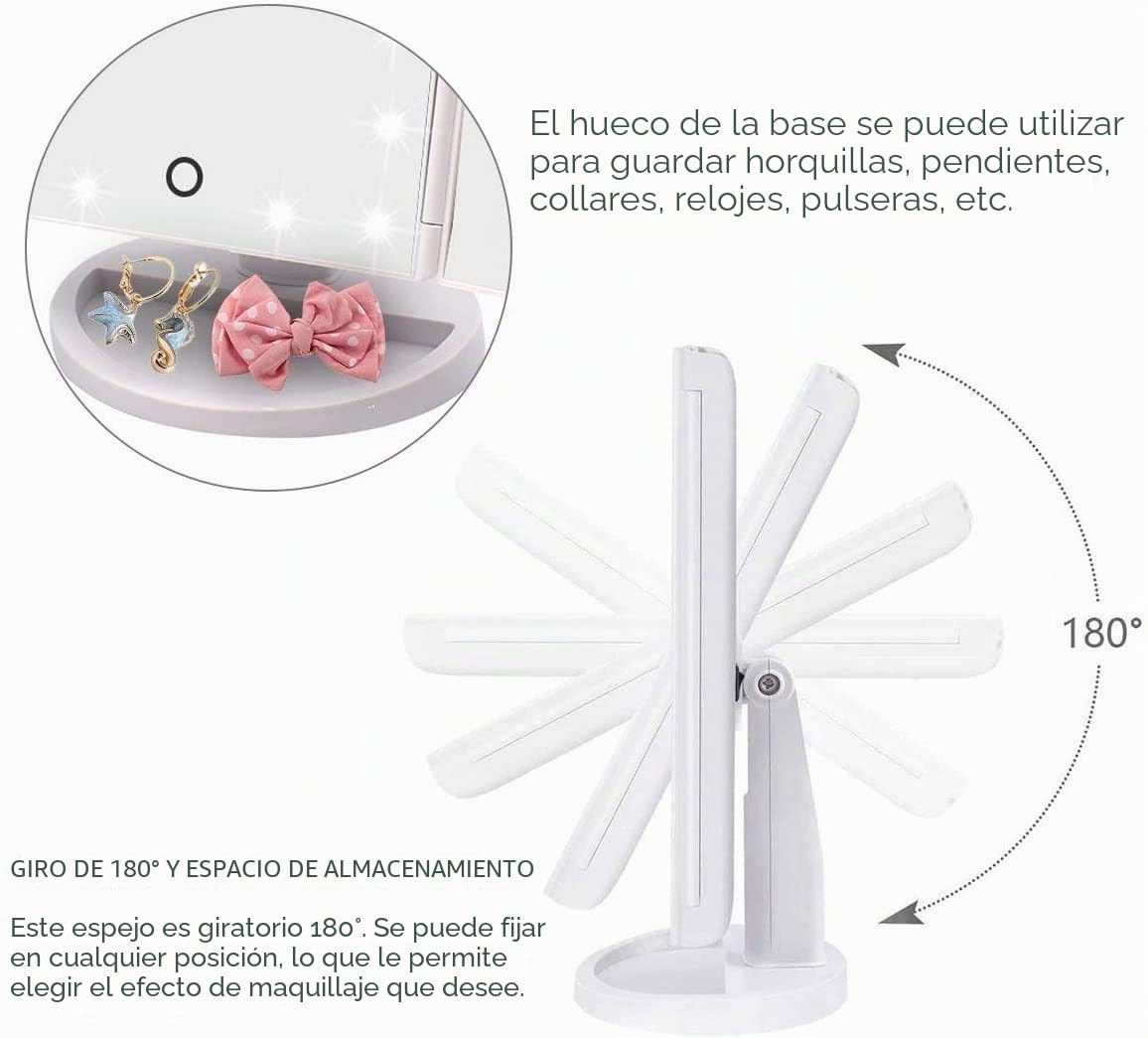 WEILY Espejo de Maquillaje de Tres Pliegues con 21 Luces LED y Pantalla táctil Ajustable (Blanca)
